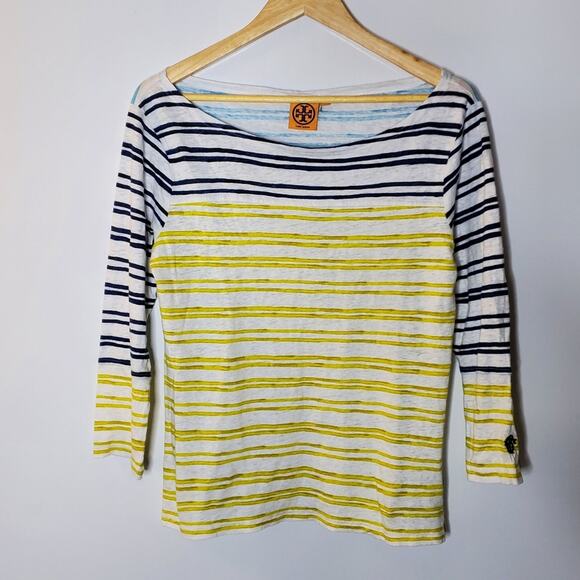 Tory Burch XL Striped 100% Linen top 3/4 Sleeve casual top Great condition - Picture 1 of 8